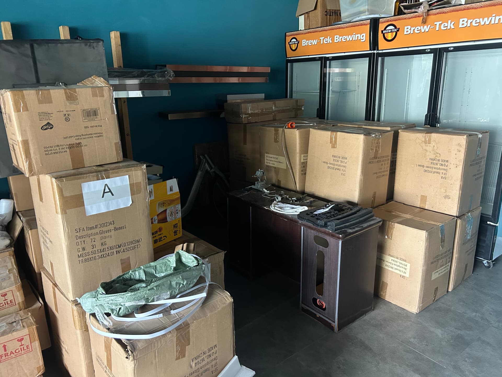 Labelled cartons of goods under inspection