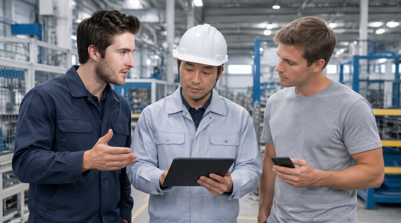 FactoryChecker representative and Chinese engineer discussing a customer's project together inside a factory