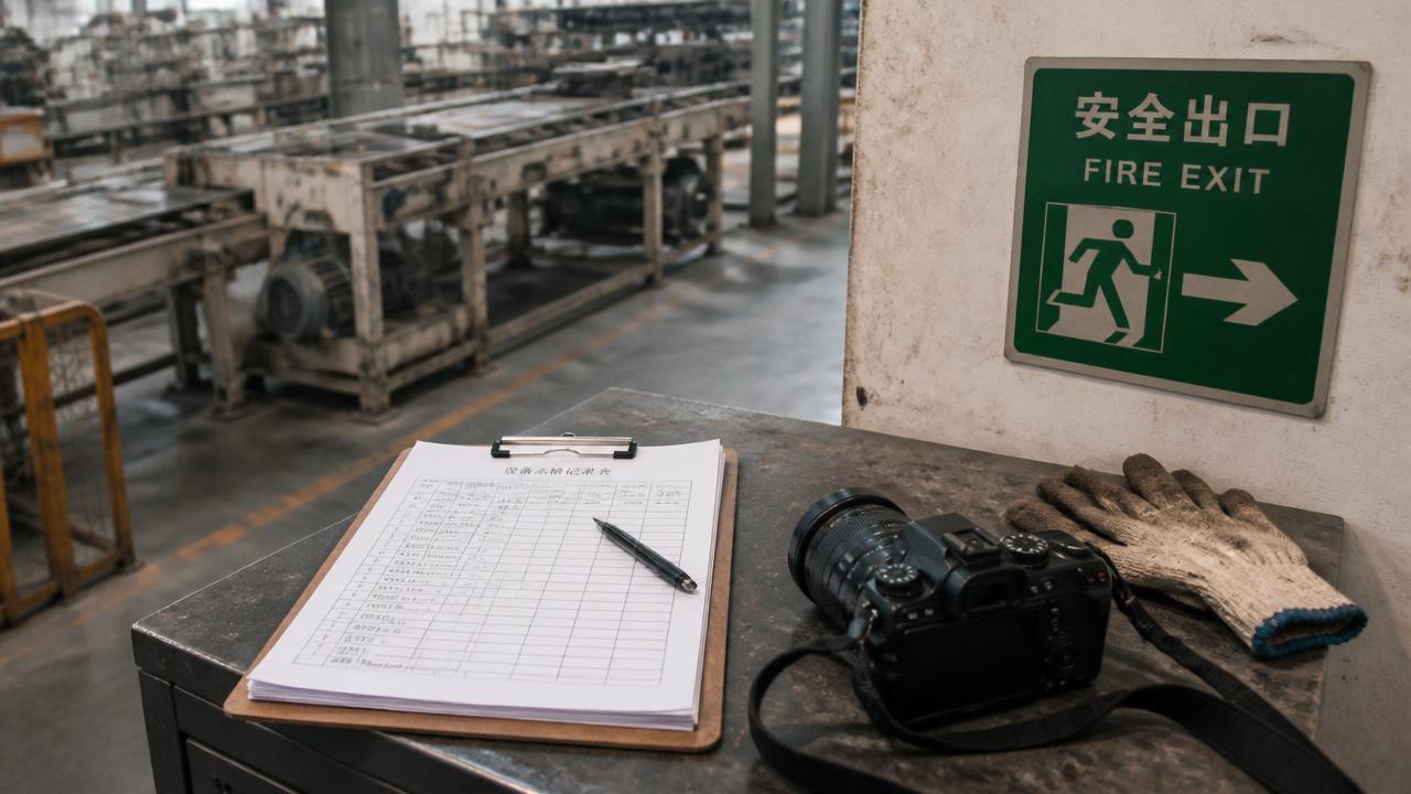 Inspector clipboard and camera on a workbench beside a fire exit sign in a Chinese factory