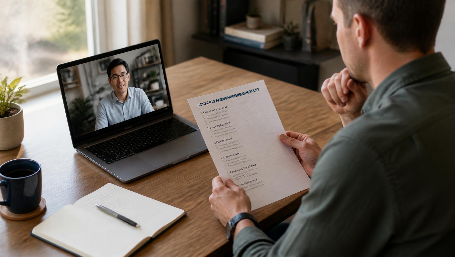 A buyer vetting a sourcing agent on a video call using a printed checklist