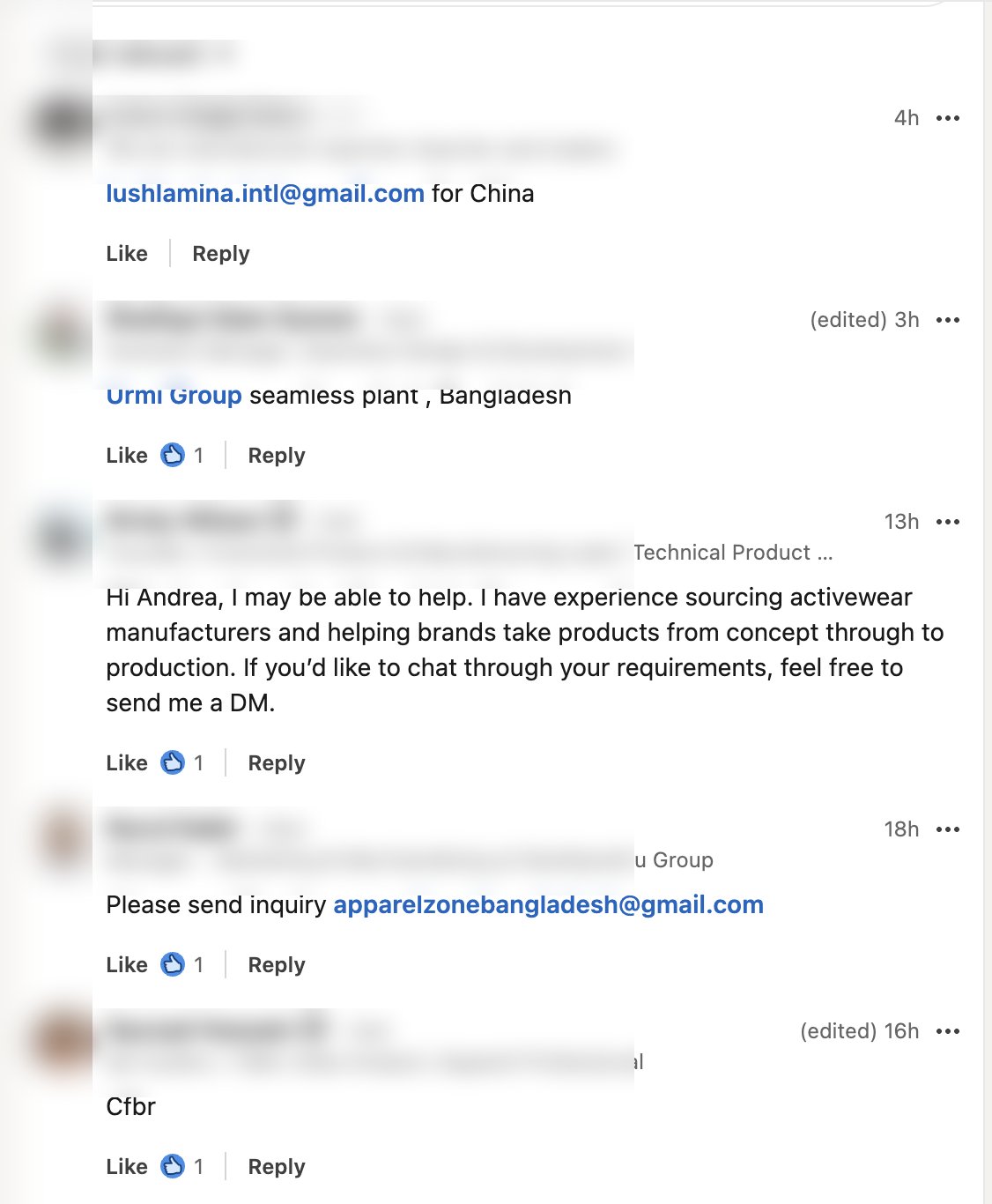 LinkedIn comments: manufacturers and traders piling in with generic pitches and Gmail addresses
