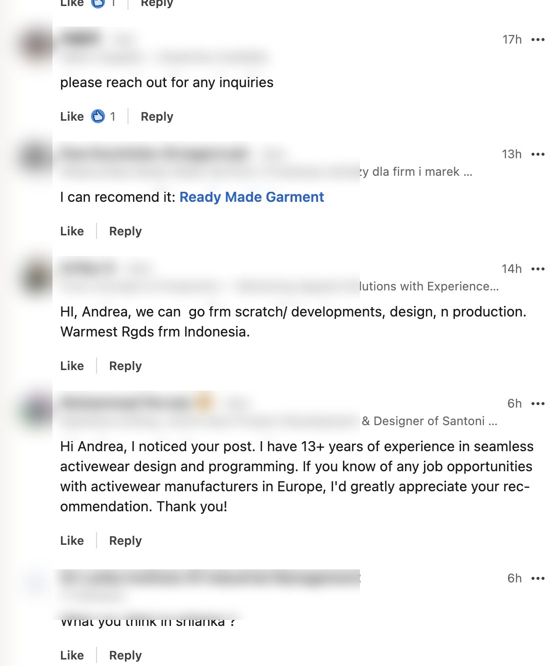 More comments: fabric supplier, Ready Made Garment from Poland, Indonesia, Sri Lanka