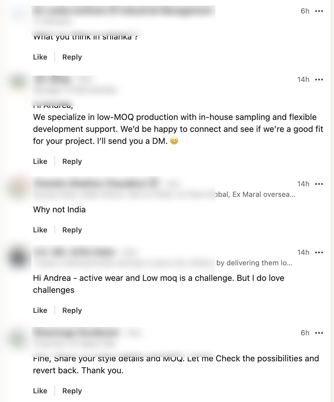 Comments: low-MOQ specialists, 'Why not India', challenge accepters