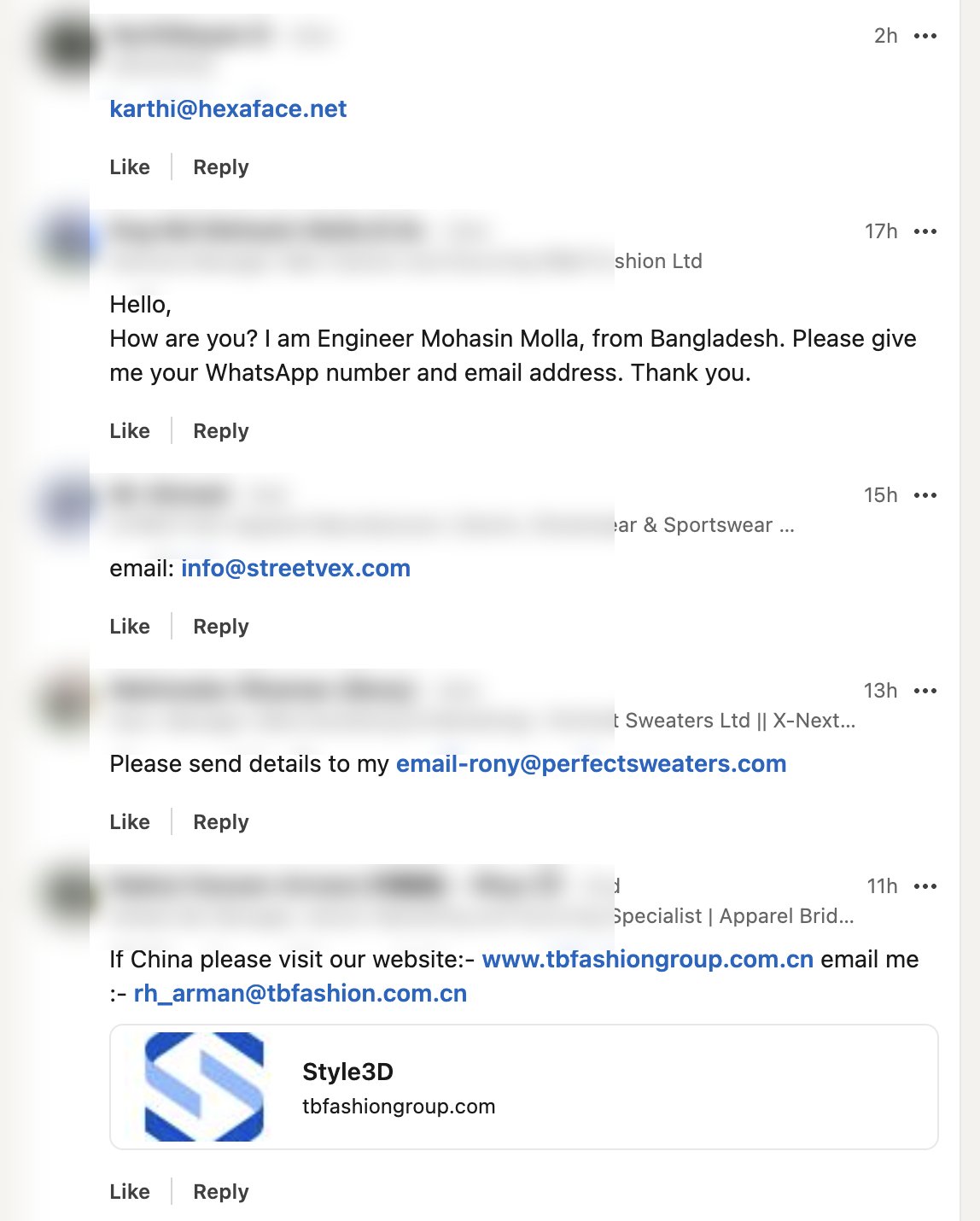 Comments: HEXAFACE Gmail lead, Bangladesh 'give me your WhatsApp', Streetvex, tbfashiongroup