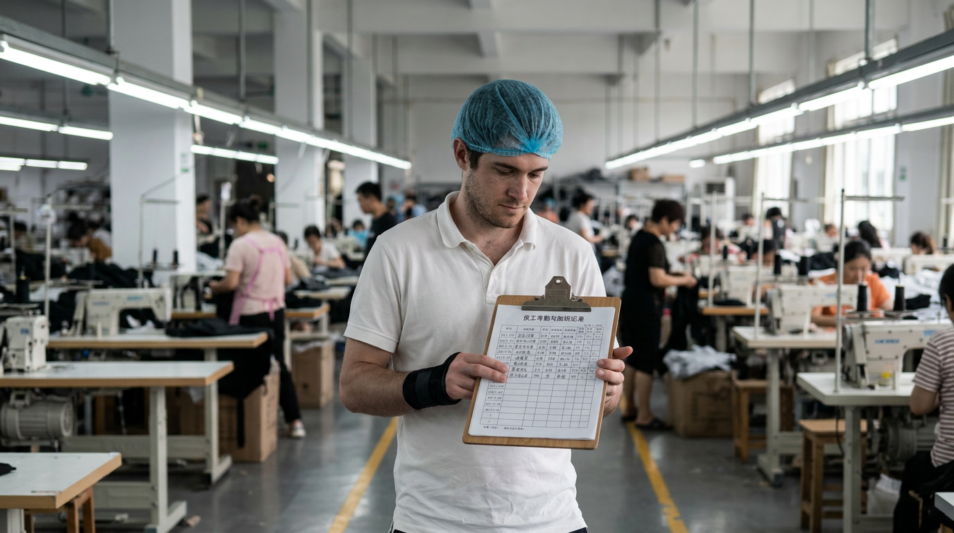 FactoryChecker auditor checking an attendance and overtime record sheet inside a Chinese garment factory