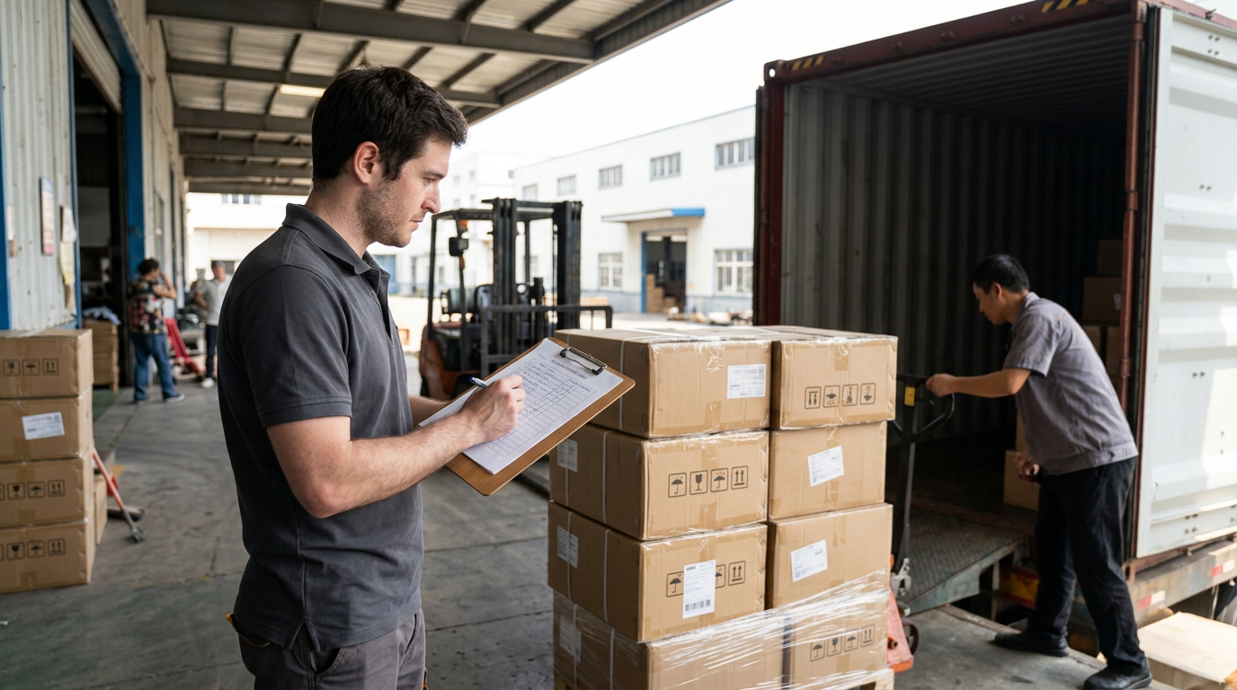 FactoryChecker inspector checking a loading checklist as export cartons go into a container at a Guangdong factory