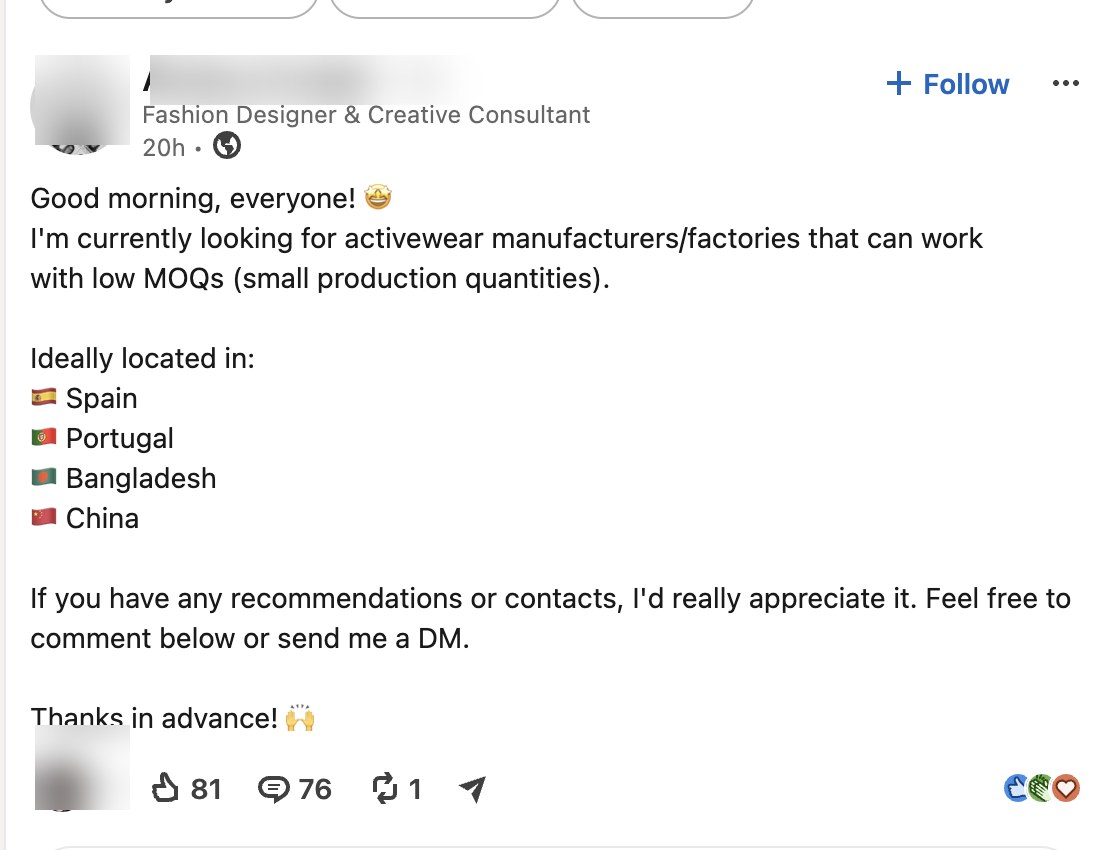 The original LinkedIn post asking for activewear manufacturers, with 76+ comments